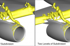 Pressure isosurface near nacelle of high-lift CRM configuration.