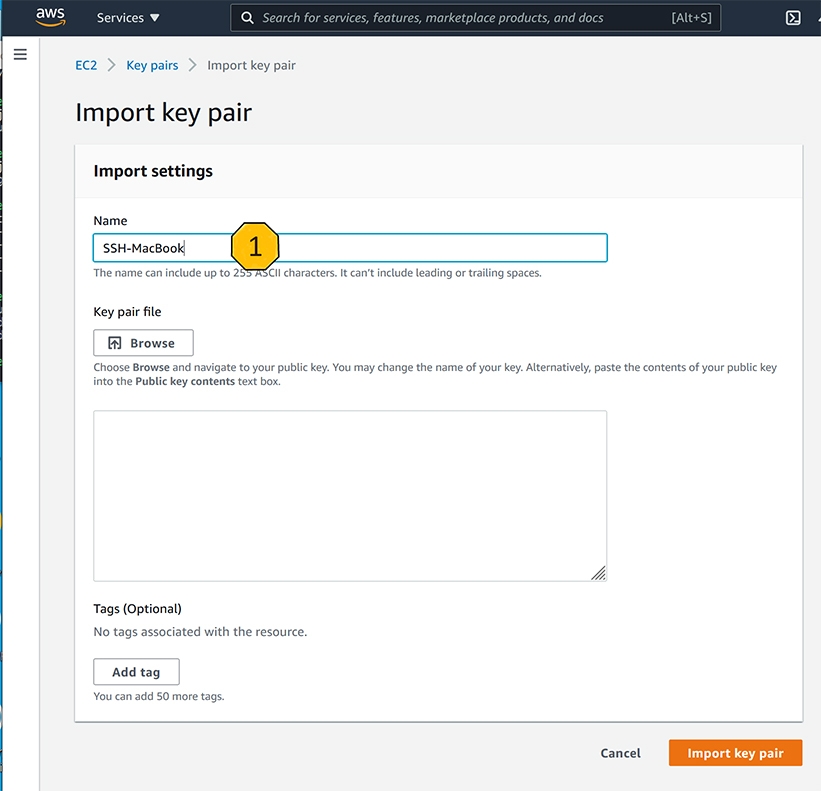 AWS console Import key pair