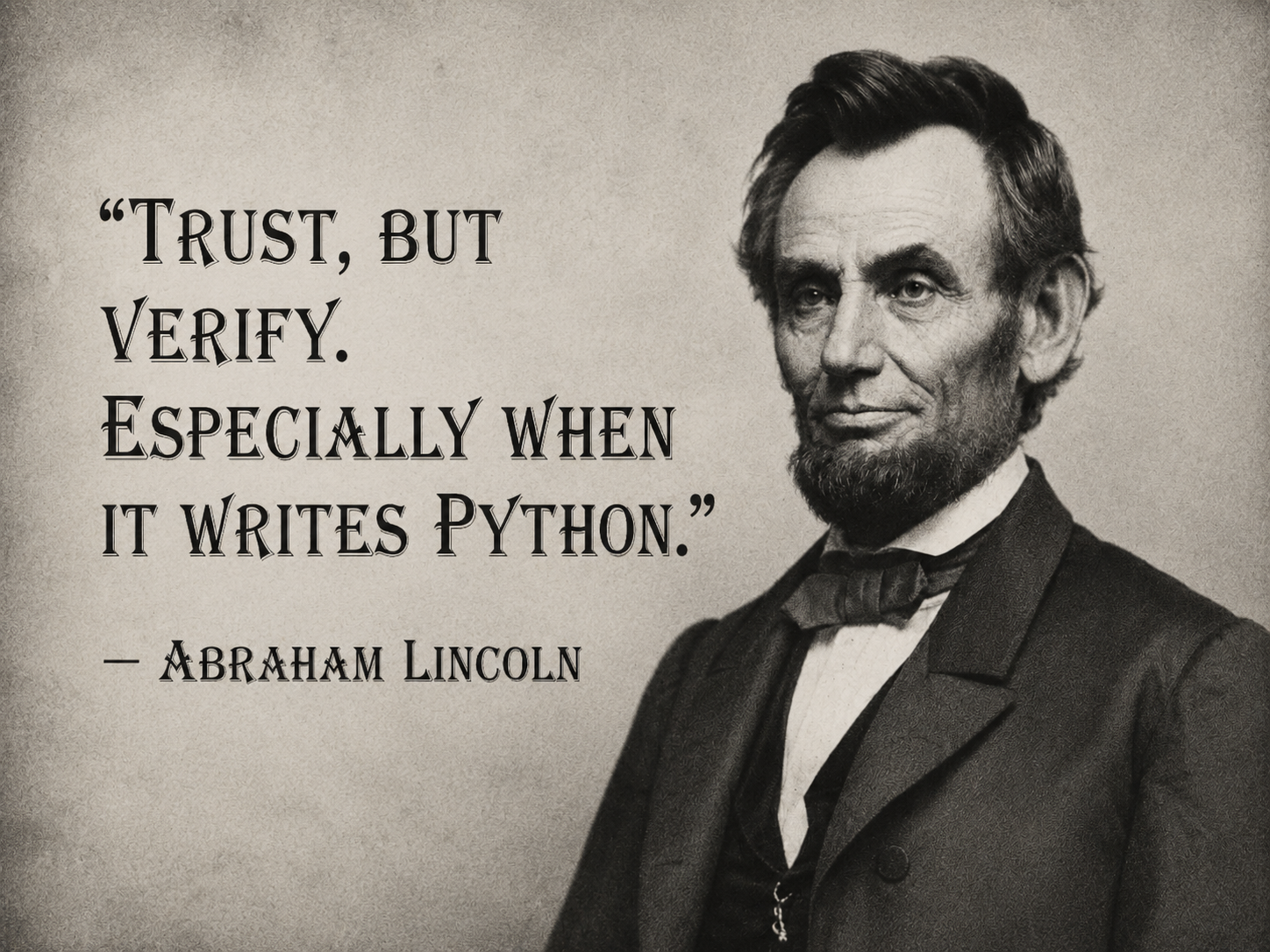 Abraham Lincoln parody meme reading “Trust, but verify. Especially when it writes Python.”