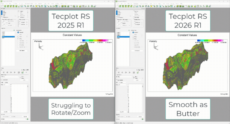 Side by side of Tecplot RS 2025 R1 and Tecplot RS 2026 R1.